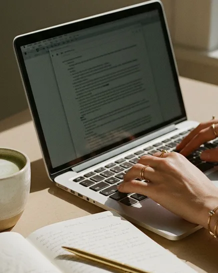 An open notebook with a pen on a wooden desk